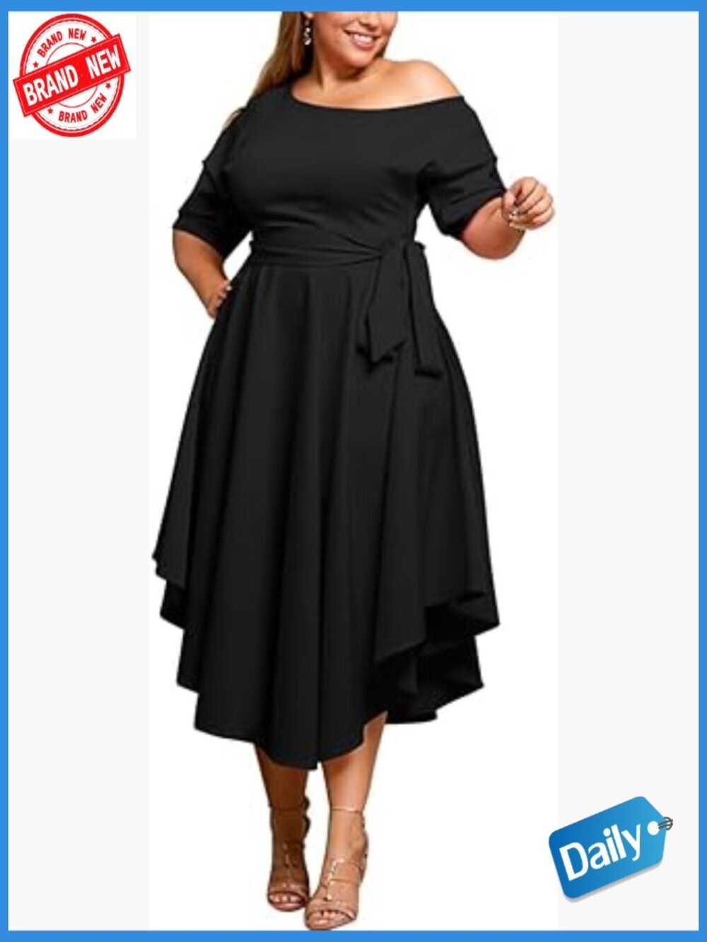 Off Shoulder Boat Neck Midi A-Line Shift Dress Plus Size Hi Low Side Slit
